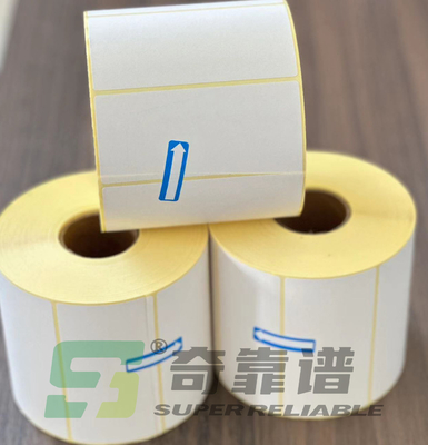 Etiqueta de papel térmica do código de barras da etiqueta com o forro amarelo do papel glassine da cor